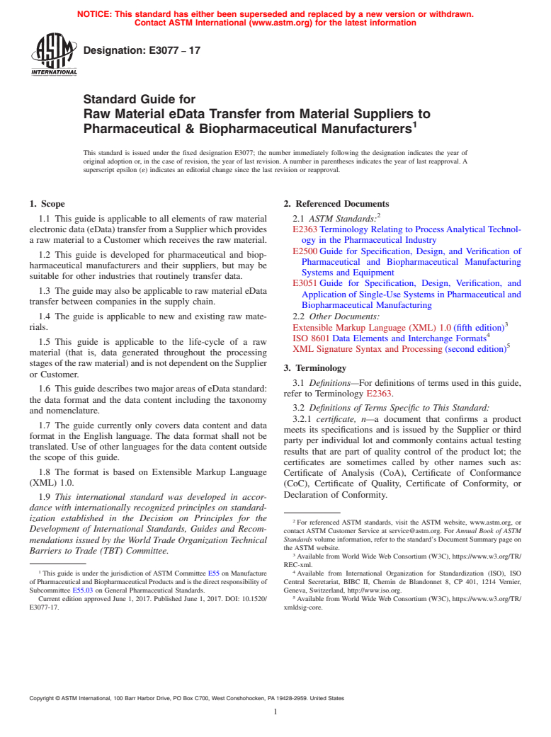 ASTM E3077-17 - Standard Guide for Raw Material eData Transfer from Material Suppliers to Pharmaceutical  &amp; Biopharmaceutical Manufacturers