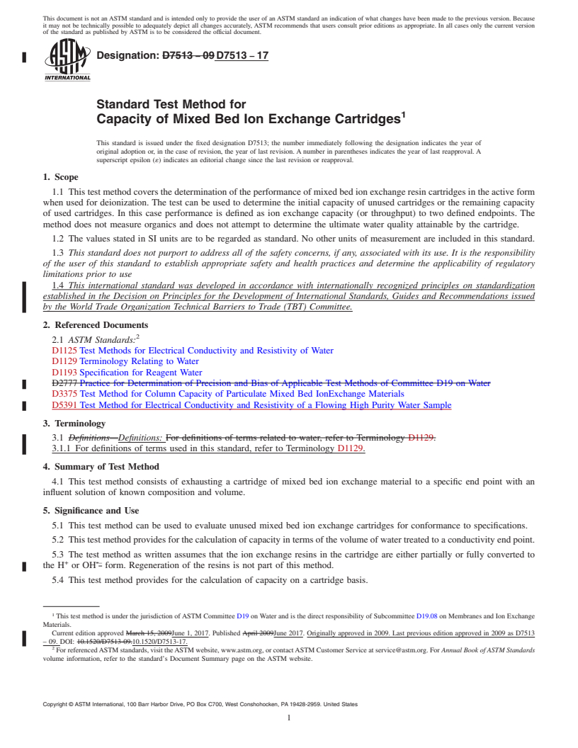 REDLINE ASTM D7513-17 - Standard Test Method for  Capacity of Mixed Bed Ion Exchange Cartridges