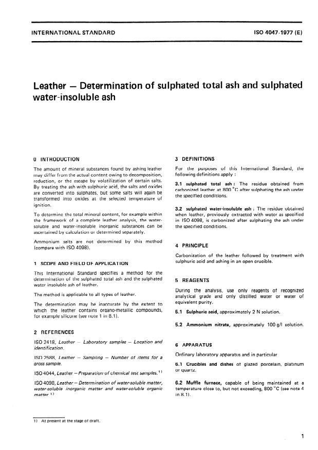 ISO 4047:1977 ISO 4047:1977 - Leather -- Determination of sulphated total ash and sulphated water-insoluble ash - Page 3 preview
