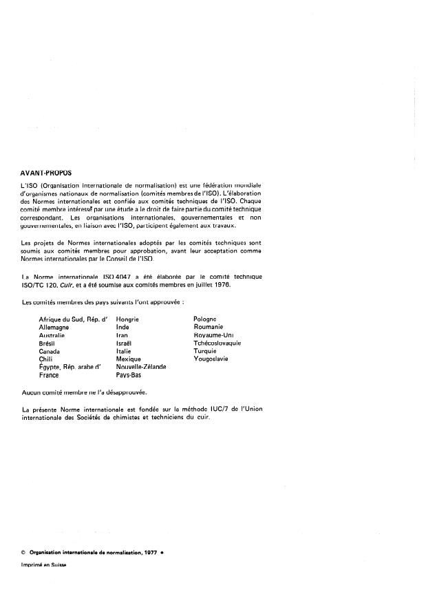 ISO 4047:1977 ISO 4047:1977 - Cuir -- Dosage des cendres sulfatées totales et des cendres sulfatées insolubles dans l'eau - Page 2 preview