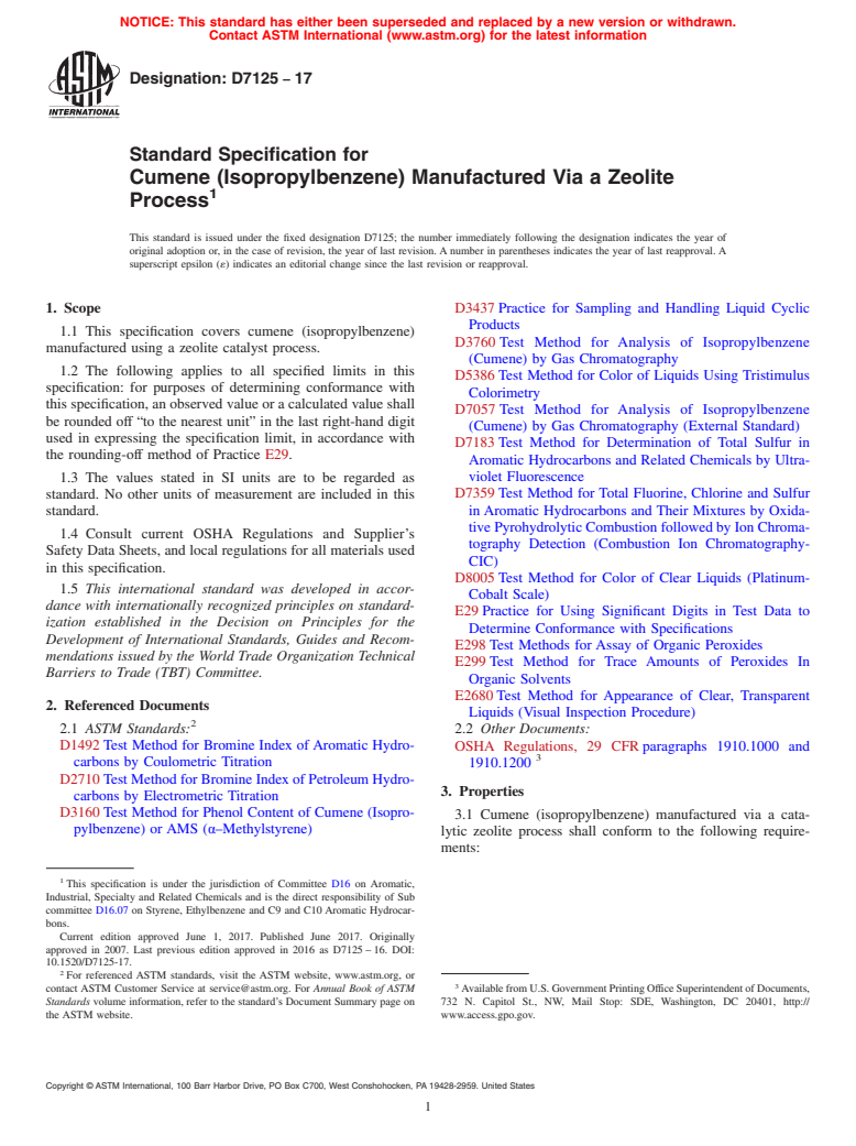 ASTM D7125-17 - Standard Specification for Cumene (Isopropylbenzene) Manufactured Via a Zeolite Process