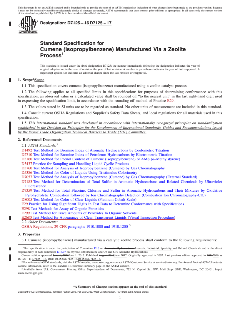 REDLINE ASTM D7125-17 - Standard Specification for Cumene (Isopropylbenzene) Manufactured Via a Zeolite Process