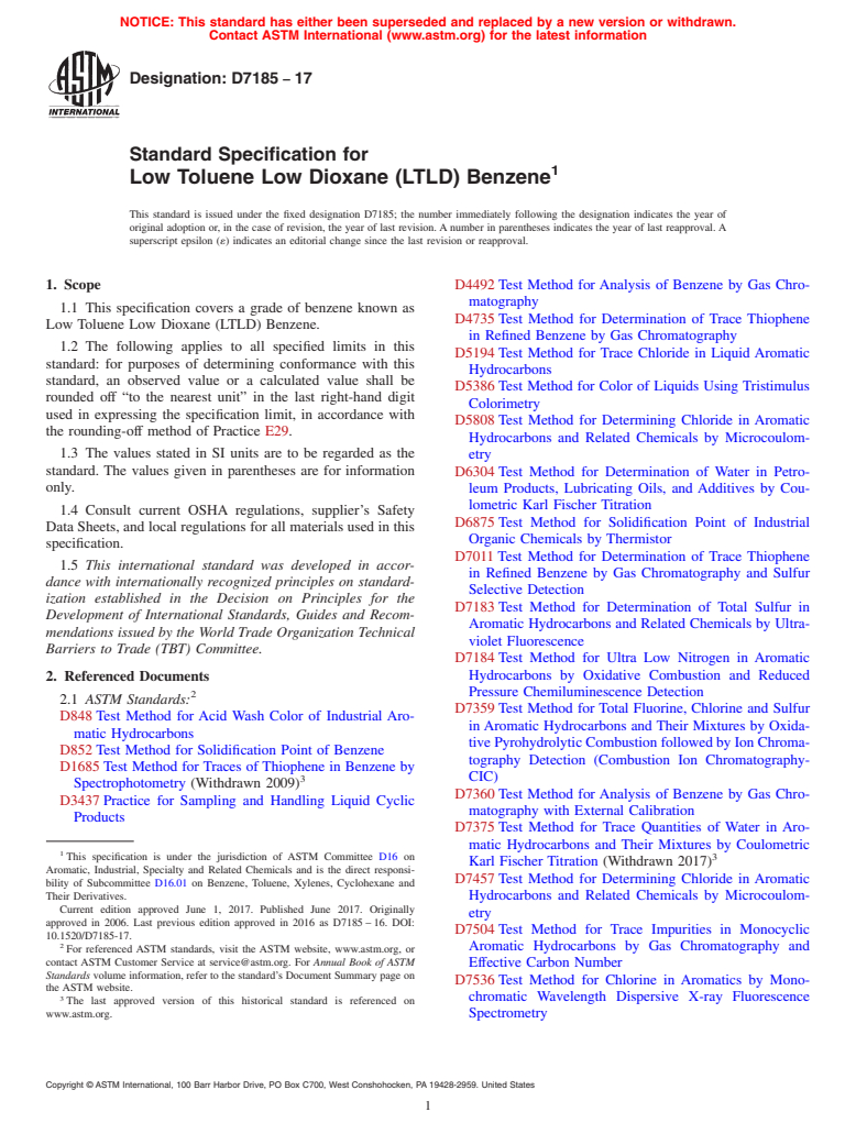 ASTM D7185-17 - Standard Specification for  Low Toluene Low Dioxane (LTLD) Benzene