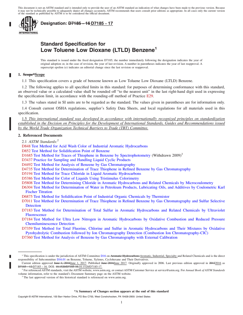 REDLINE ASTM D7185-17 - Standard Specification for  Low Toluene Low Dioxane (LTLD) Benzene