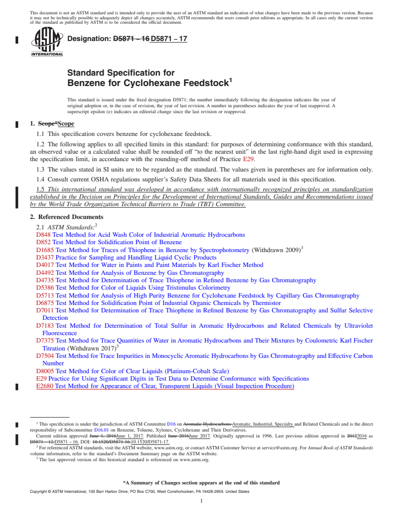 REDLINE ASTM D5871-17 - Standard Specification for  Benzene for Cyclohexane Feedstock