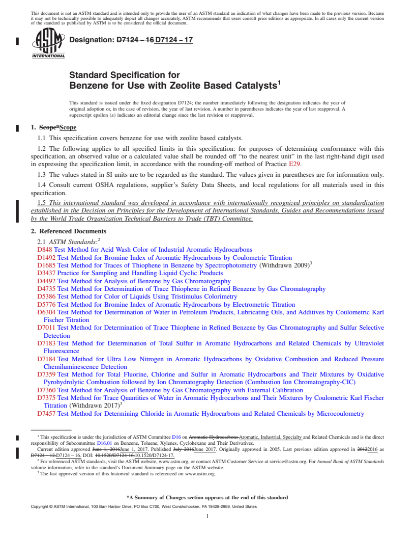 REDLINE ASTM D7124-17 - Standard Specification for  Benzene for Use with Zeolite Based Catalysts