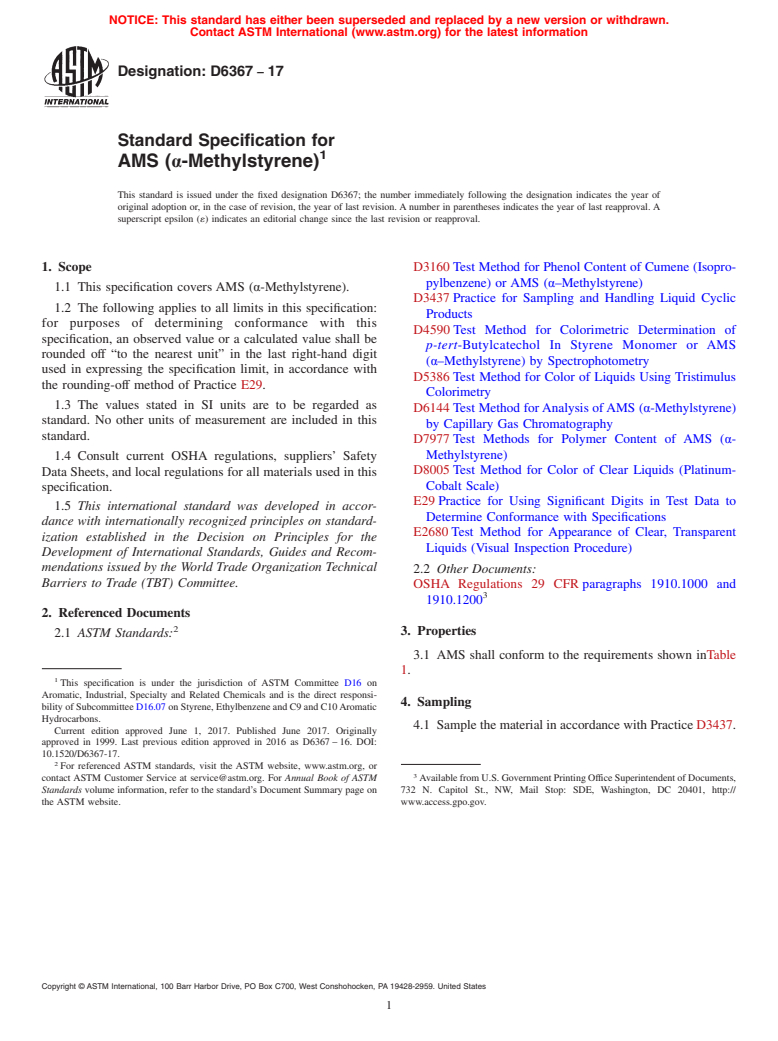 ASTM D6367-17 - Standard Specification for AMS (&#x3b1;-Methylstyrene)