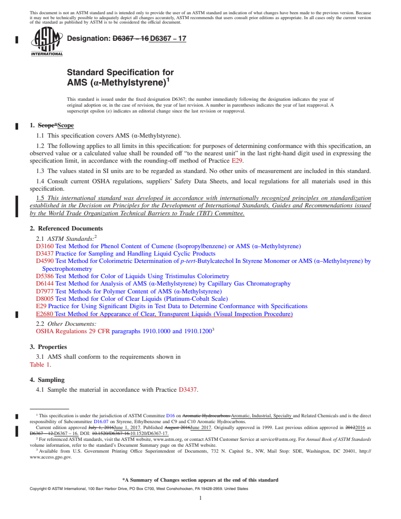 REDLINE ASTM D6367-17 - Standard Specification for AMS (&#x3b1;-Methylstyrene)