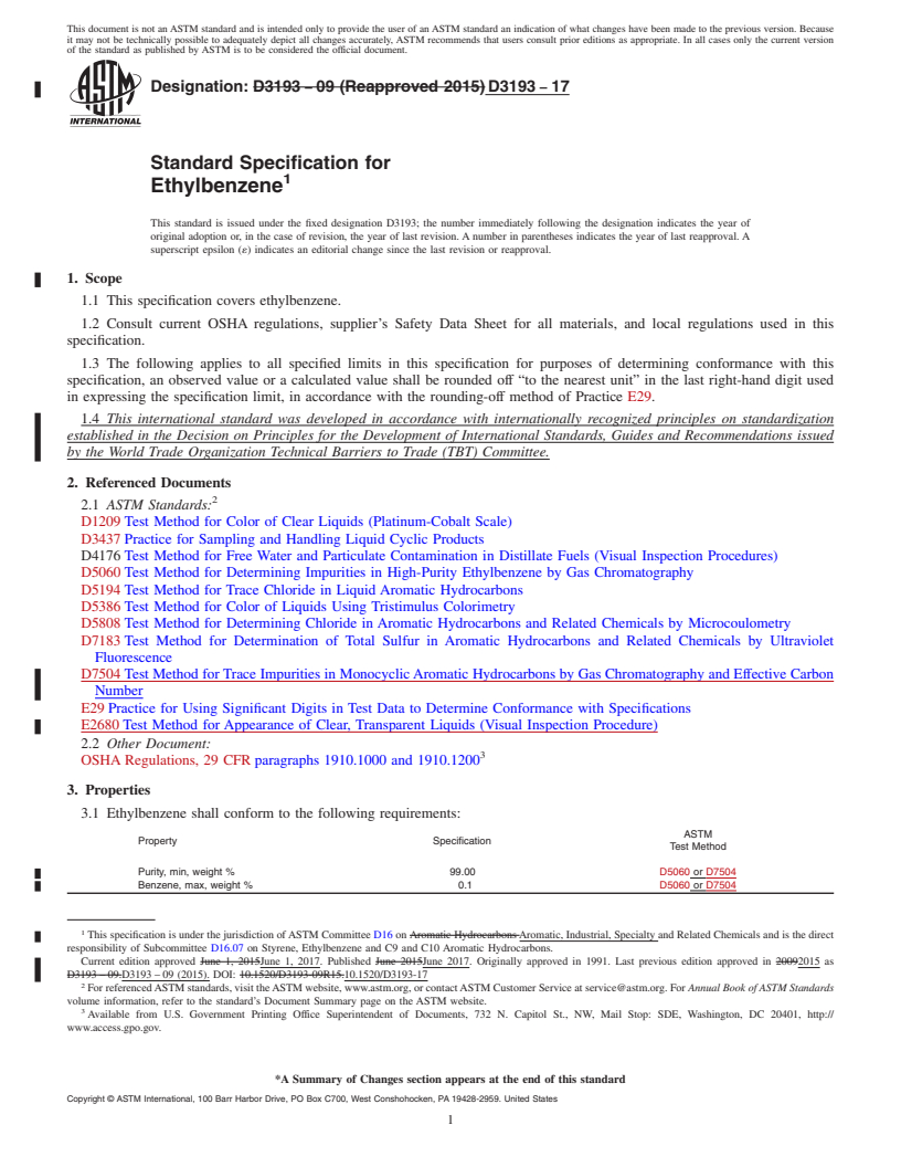 REDLINE ASTM D3193-17 - Standard Specification for Ethylbenzene