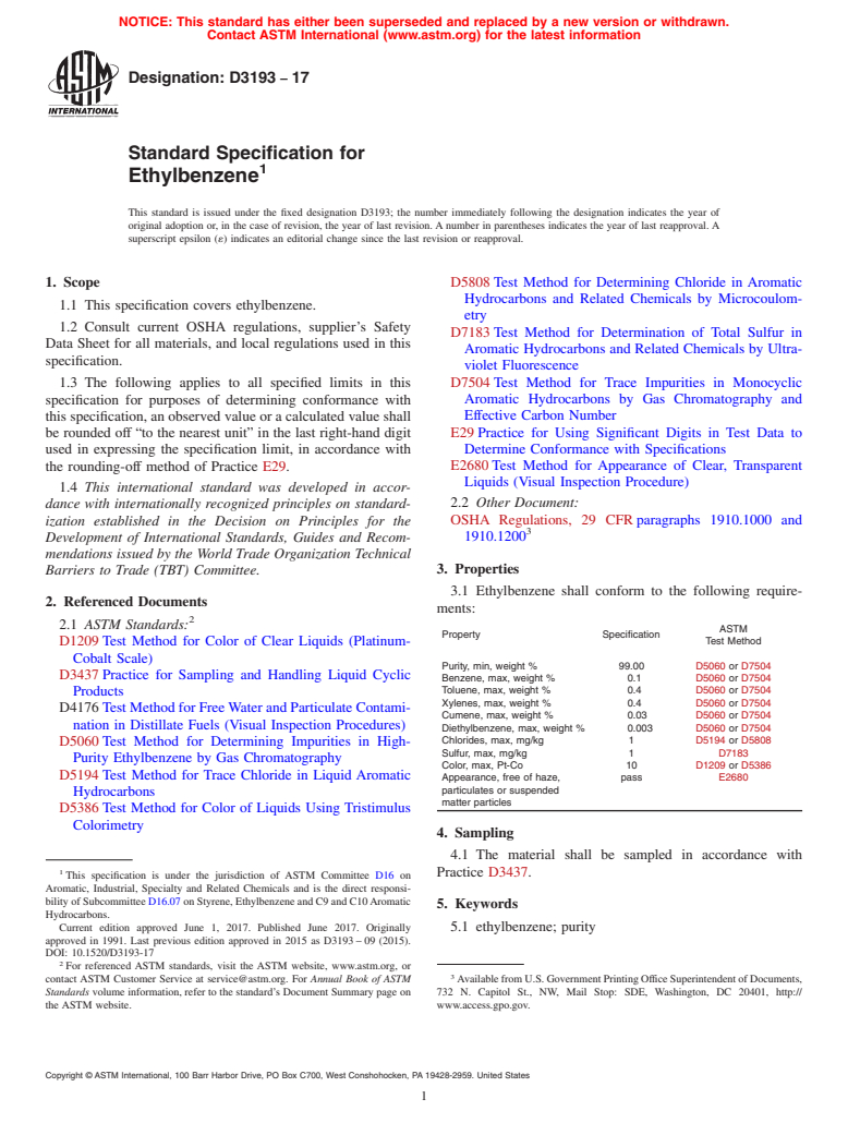 ASTM D3193-17 - Standard Specification for Ethylbenzene