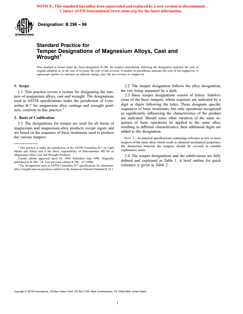 ASTM B296-96 - Standard Practice for Temper Designations of Magnesium Alloys, Cast and Wrought