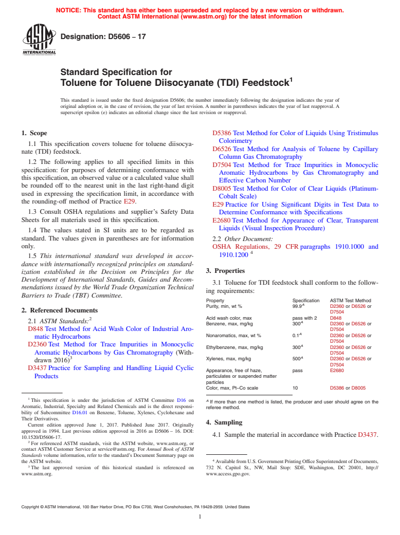 ASTM D5606-17 - Standard Specification for  Toluene for Toluene Diisocyanate (TDI) Feedstock