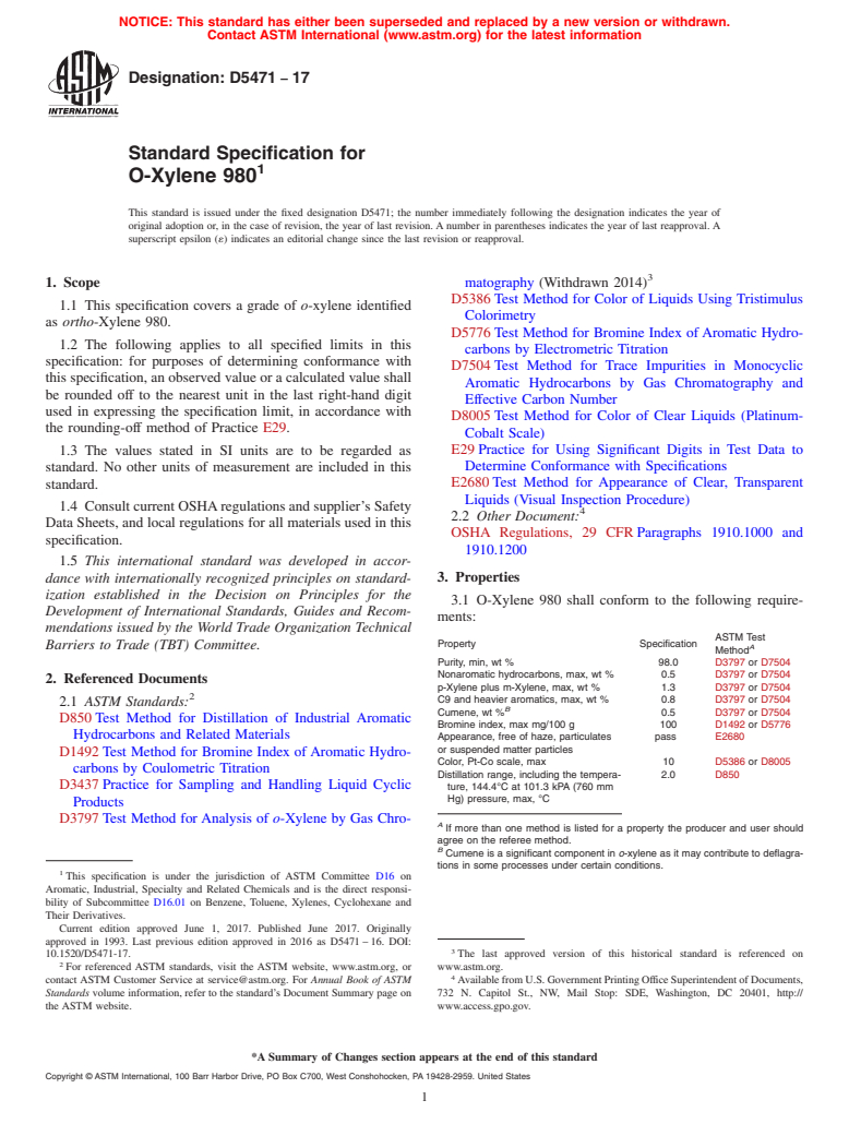 ASTM D5471-17 - Standard Specification for O-Xylene 980