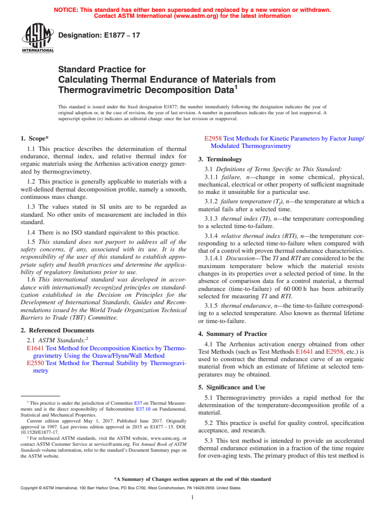 ASTM E1877-17 - Standard Practice for  Calculating Thermal Endurance of Materials from Thermogravimetric   Decomposition Data