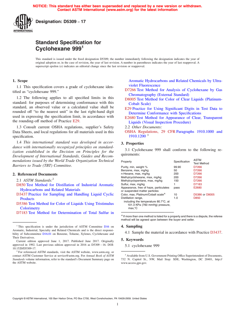 ASTM D5309-17 - Standard Specification for Cyclohexane 999