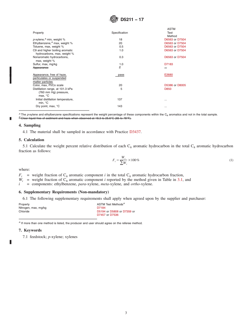 REDLINE ASTM D5211-17 - Standard Specification for  Xylenes for <emph type="ital">p</emph>-Xylene Feedstock