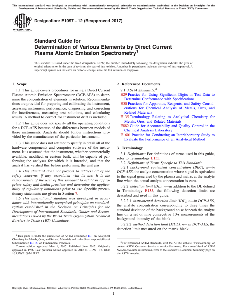 ASTM E1097-12(2017) - Standard Guide for  Determination of Various Elements by Direct Current Plasma  Atomic Emission Spectrometry