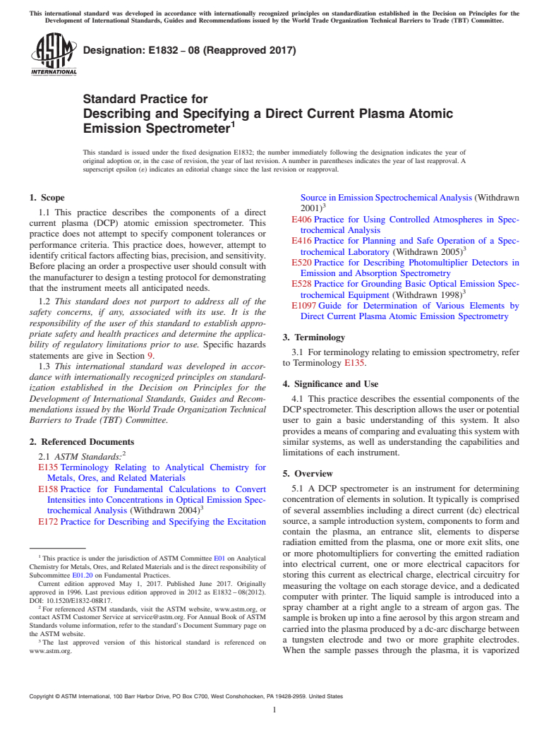 ASTM E1832-08(2017) - Standard Practice for  Describing and Specifying a Direct Current Plasma Atomic Emission  Spectrometer