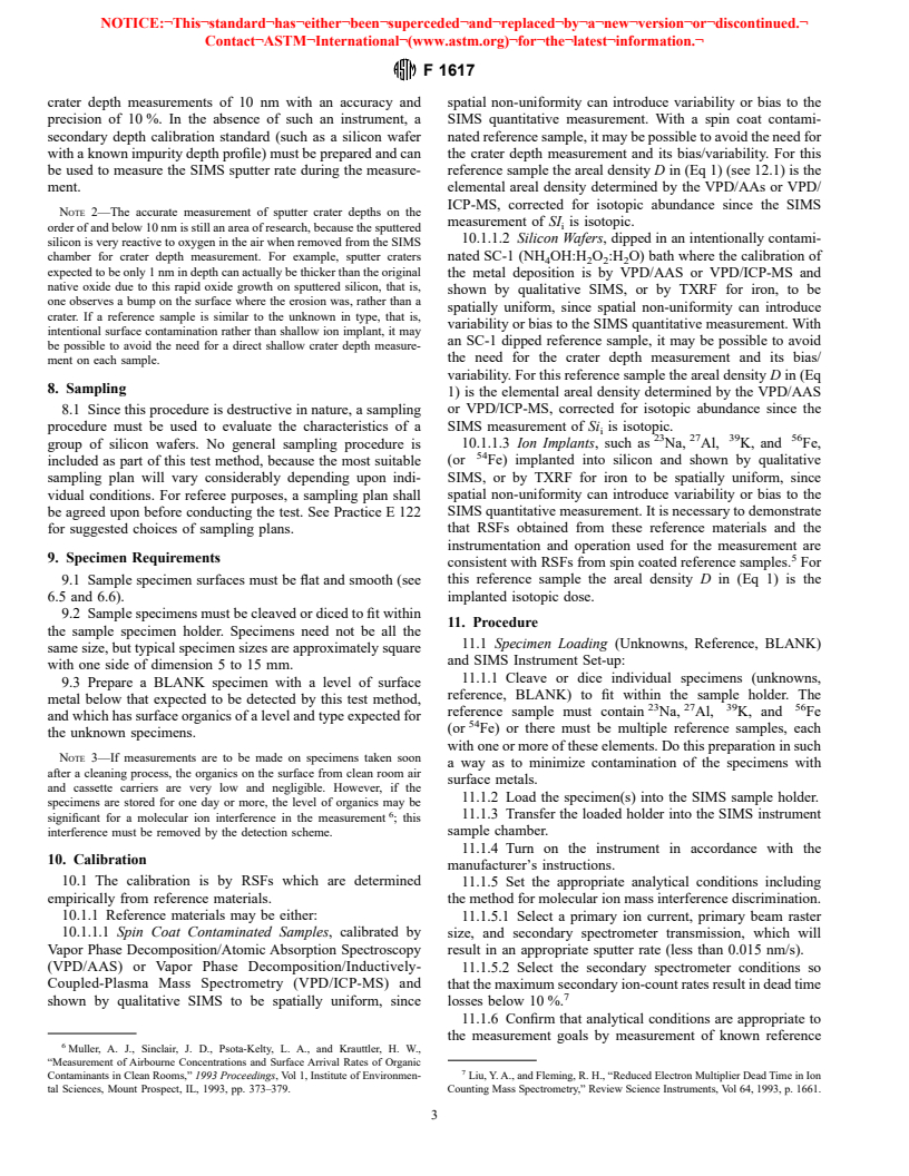 ASTM F1617-98 - Standard Test Method for Measuring Surface Sodium, Aluminum, Potassium, and Iron on Silicon and EPI Substrates by Secondary Ion Mass Spectrometry