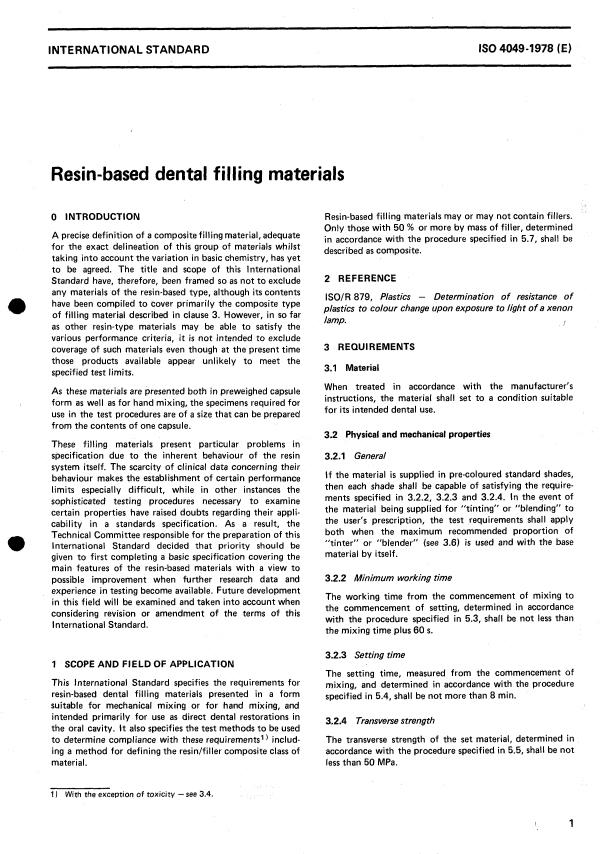 ISO 4049:1978 - Resin-based dental filling materials