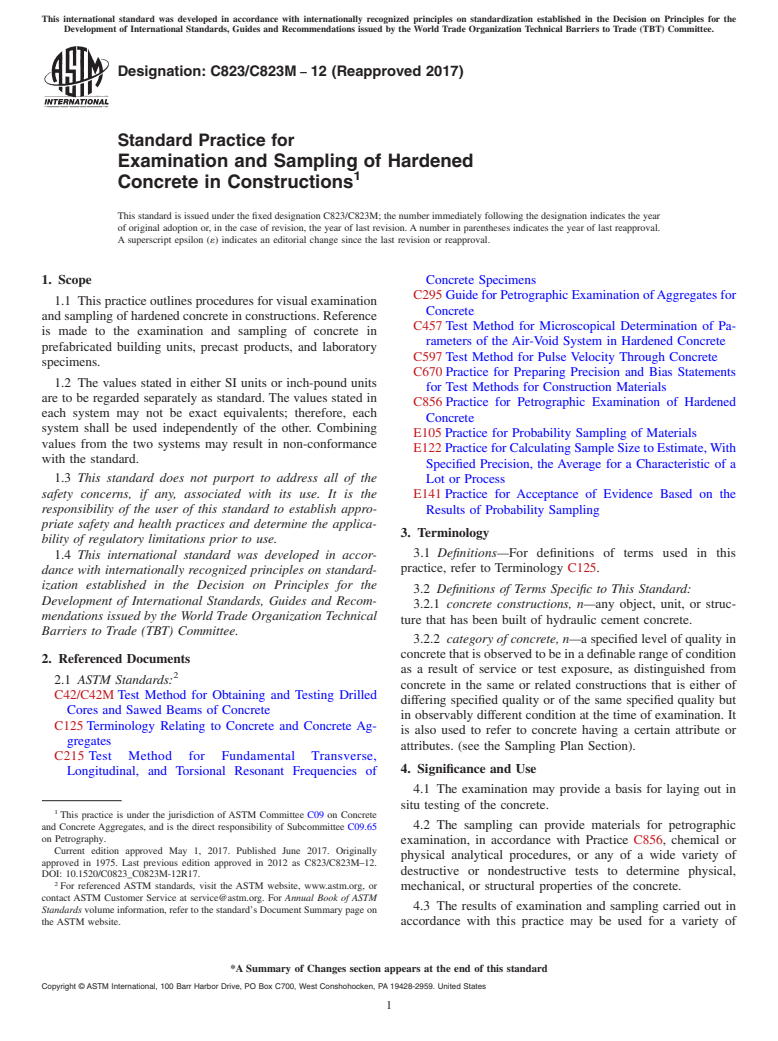 ASTM C823/C823M-12(2017) - Standard Practice for  Examination and Sampling of Hardened<brk/> Concrete in Constructions