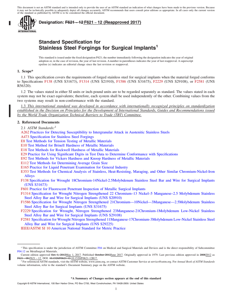 REDLINE ASTM F621-12(2017) - Standard Specification for  Stainless Steel Forgings for Surgical Implants