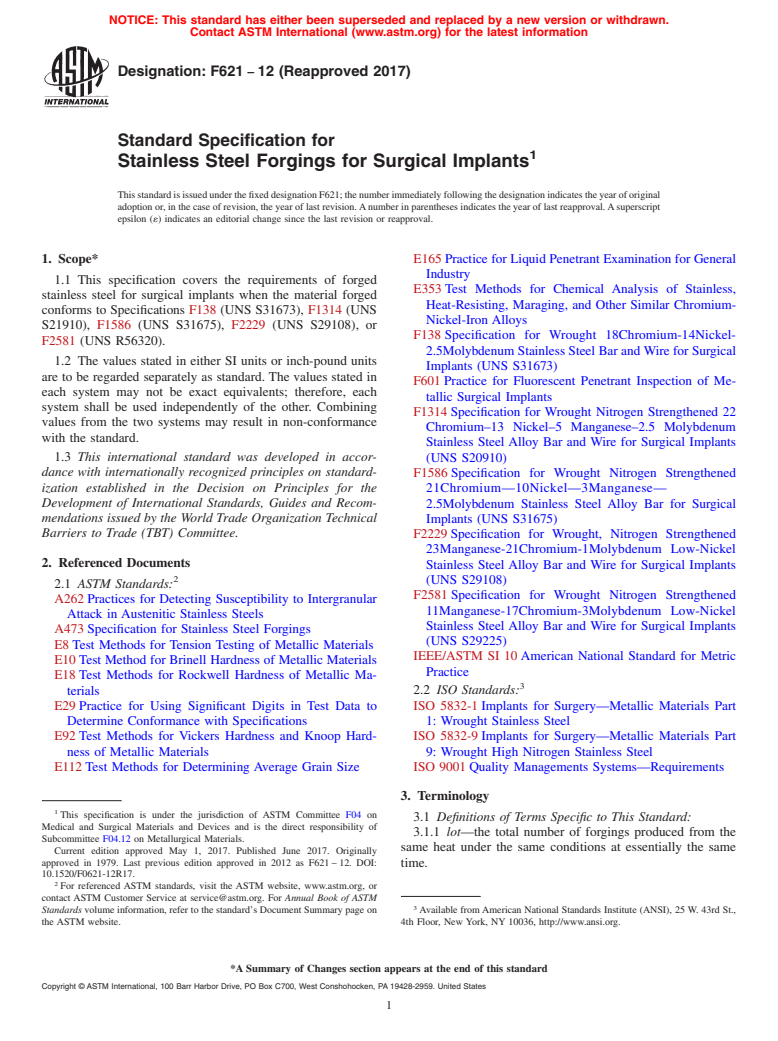 ASTM F621-12(2017) - Standard Specification for  Stainless Steel Forgings for Surgical Implants