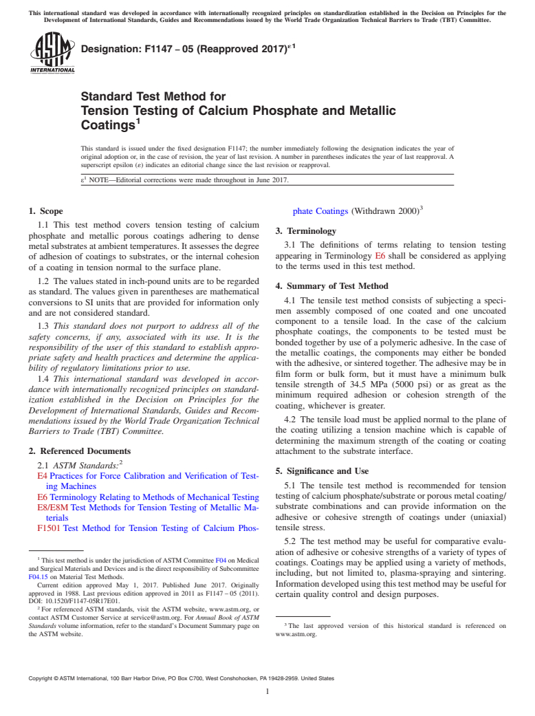 ASTM F1147-05(2017)e1 - Standard Test Method for  Tension Testing of Calcium Phosphate and Metallic Coatings