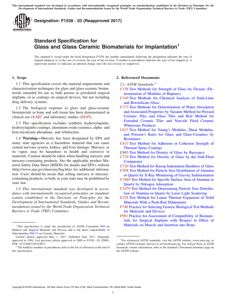 ASTM F1538-03(2017) - Standard Specification for  Glass and Glass Ceramic Biomaterials for Implantation