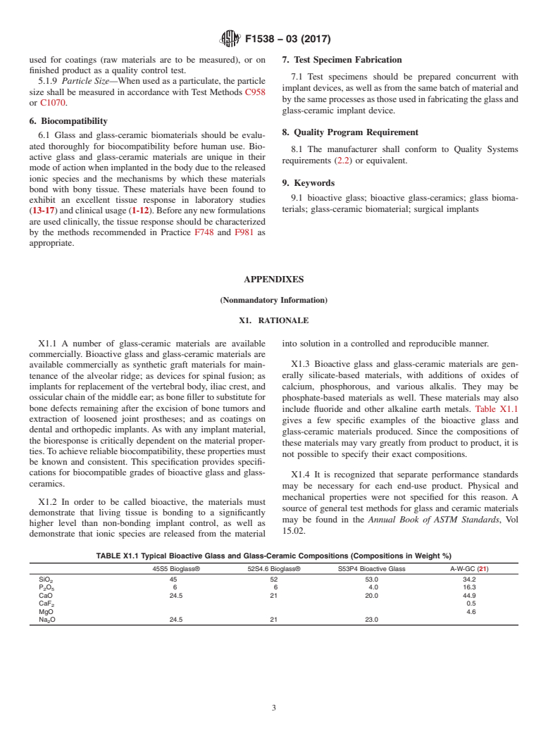 ASTM F1538-03(2017) - Standard Specification for  Glass and Glass Ceramic Biomaterials for Implantation