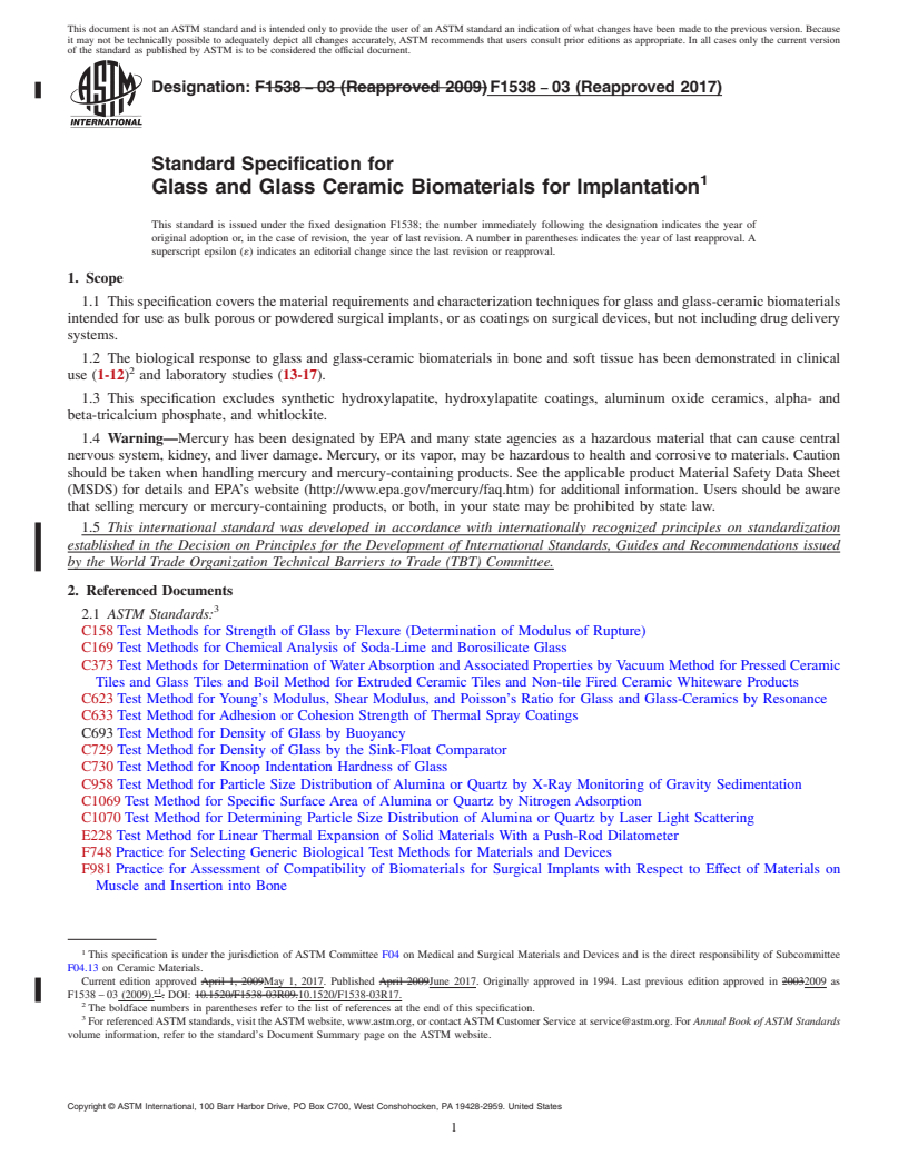 REDLINE ASTM F1538-03(2017) - Standard Specification for  Glass and Glass Ceramic Biomaterials for Implantation