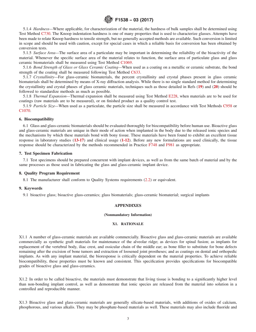 REDLINE ASTM F1538-03(2017) - Standard Specification for  Glass and Glass Ceramic Biomaterials for Implantation