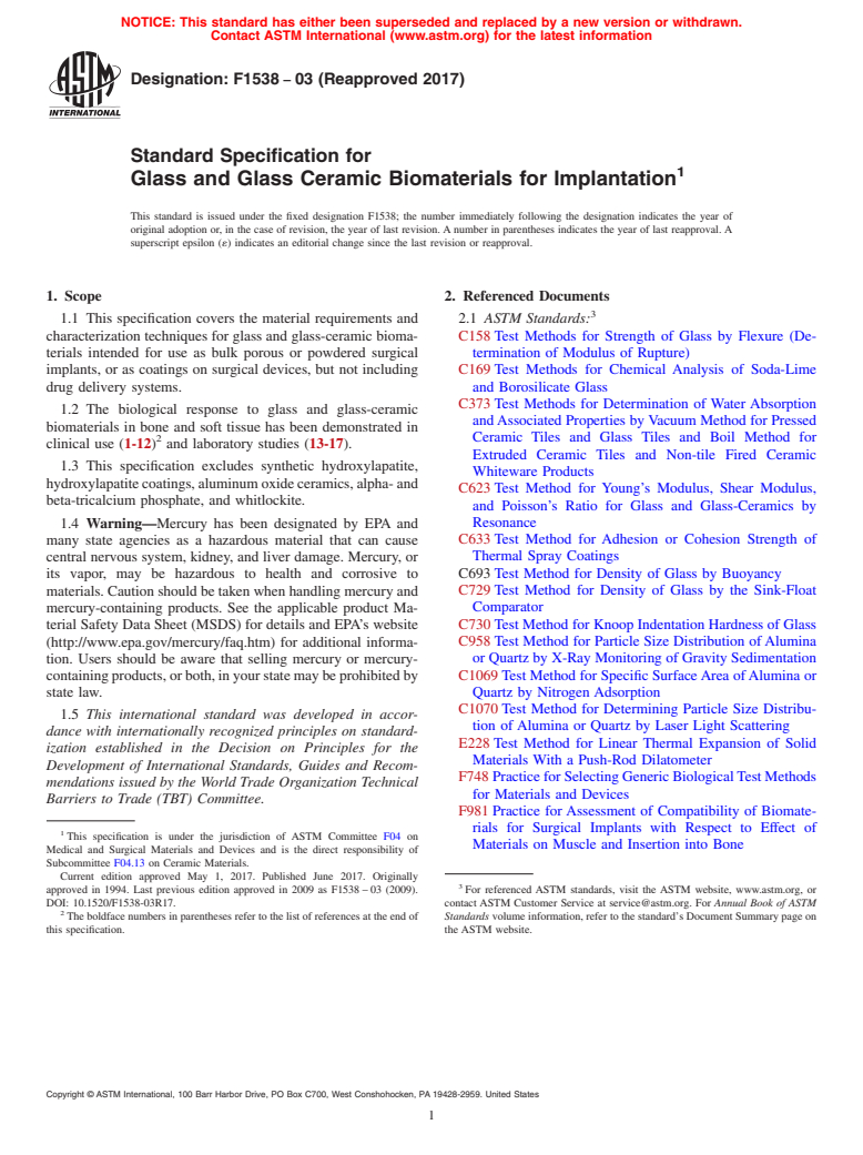 ASTM F1538-03(2017) - Standard Specification for  Glass and Glass Ceramic Biomaterials for Implantation