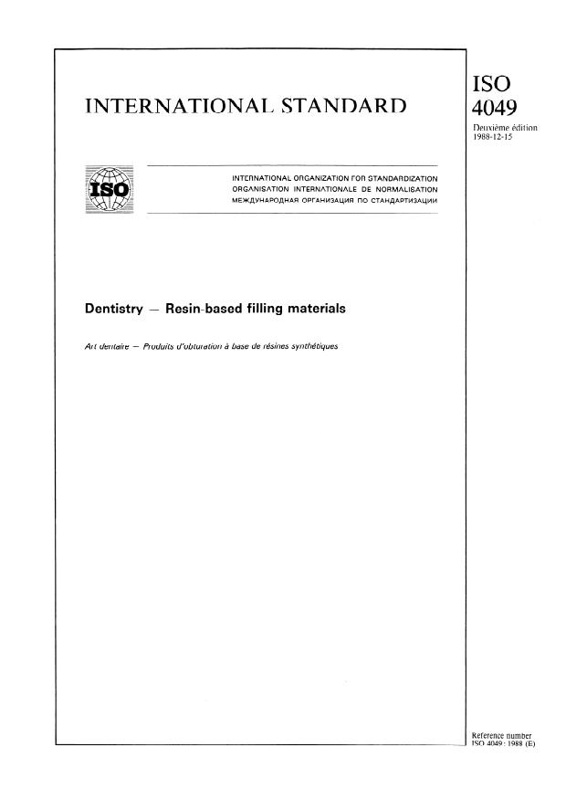 ISO 4049:1988 - Dentistry -- Resin-based filling materials