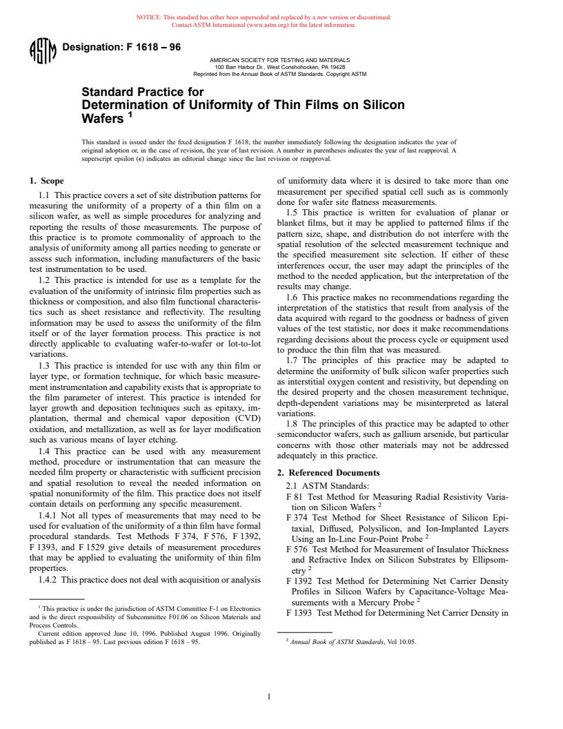 ASTM F1618-96 - Standard Practice for Determination of Uniformity of Thin Films on Silicon Wafers