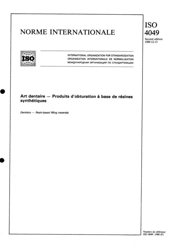 ISO 4049:1988 - Art dentaire -- Produits d'obturation a base de résines synthétiques