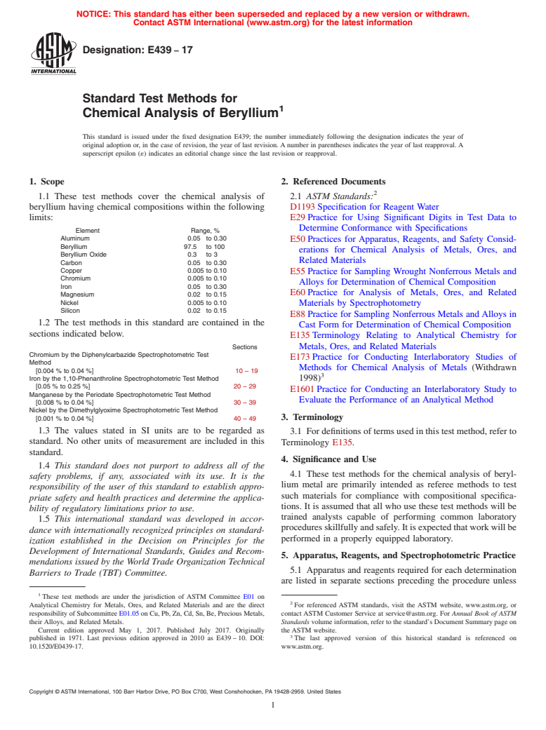 ASTM E439-17 - Standard Test Methods for  Chemical Analysis of Beryllium