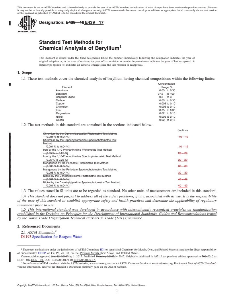 REDLINE ASTM E439-17 - Standard Test Methods for  Chemical Analysis of Beryllium