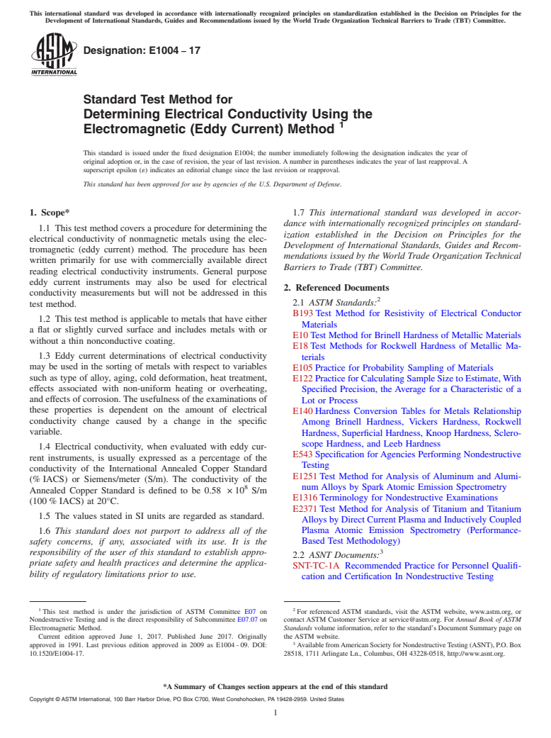 ASTM E1004-17 - Standard Test Method for  Determining Electrical Conductivity Using the Electromagnetic  (Eddy Current) Method