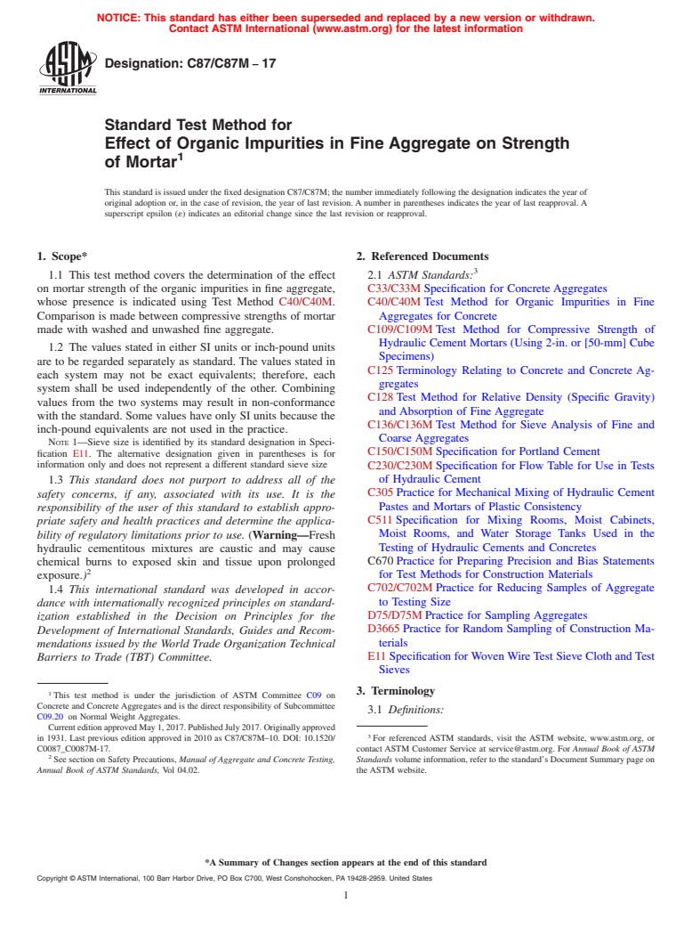 ASTM C87/C87M-17 - Standard Test Method for  Effect of Organic Impurities in Fine Aggregate on Strength  of Mortar