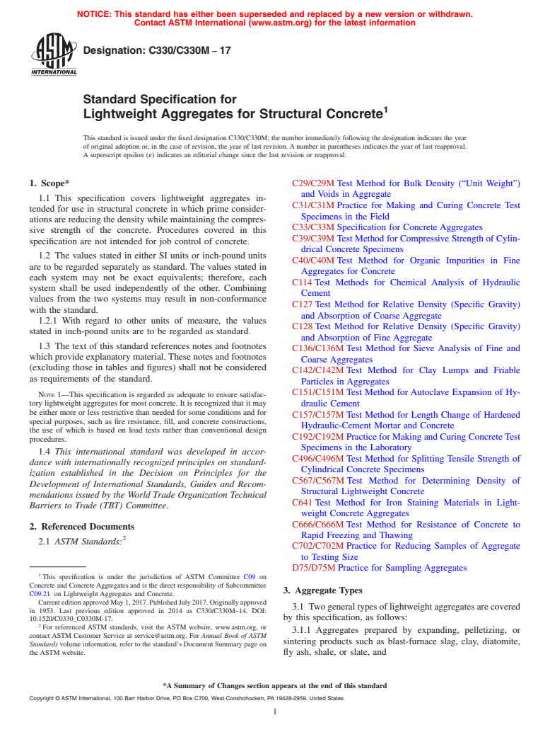ASTM C330/C330M-17 - Standard Specification for  Lightweight Aggregates for Structural Concrete