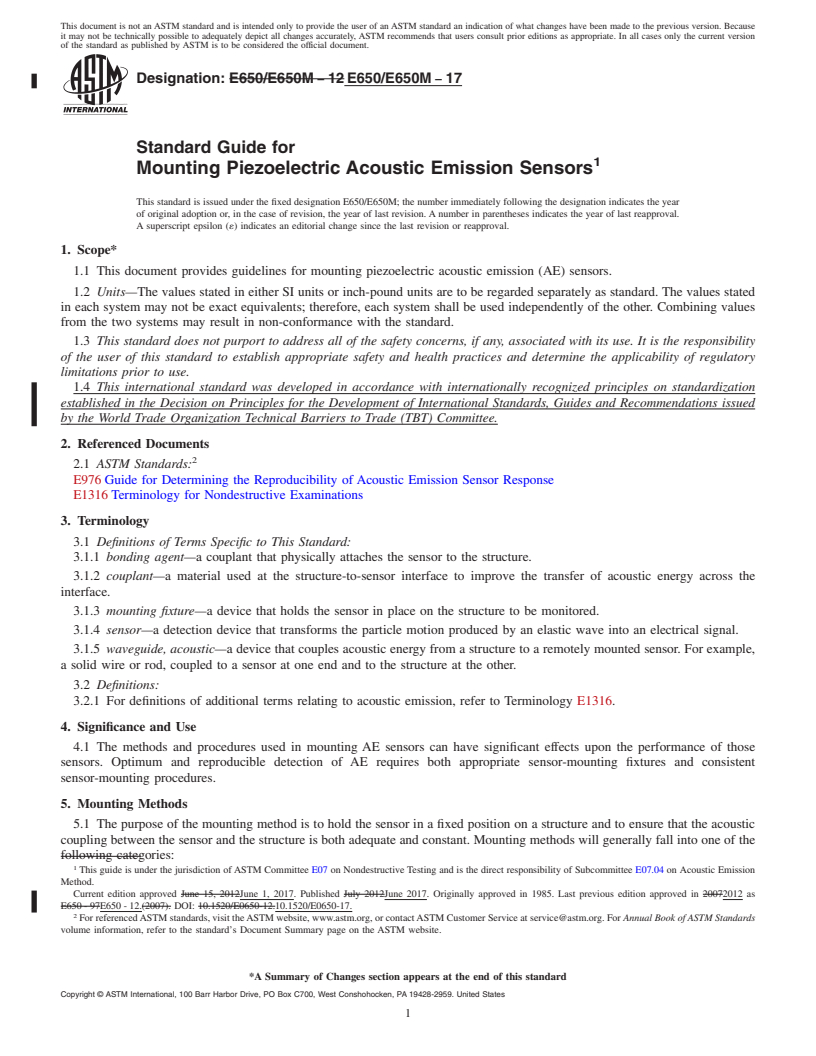 REDLINE ASTM E650/E650M-17 - Standard Guide for  Mounting Piezoelectric Acoustic Emission Sensors
