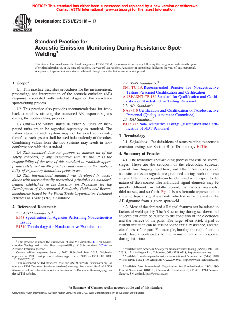 ASTM E751/E751M-17 - Standard Practice for  Acoustic Emission Monitoring During Resistance Spot-Welding