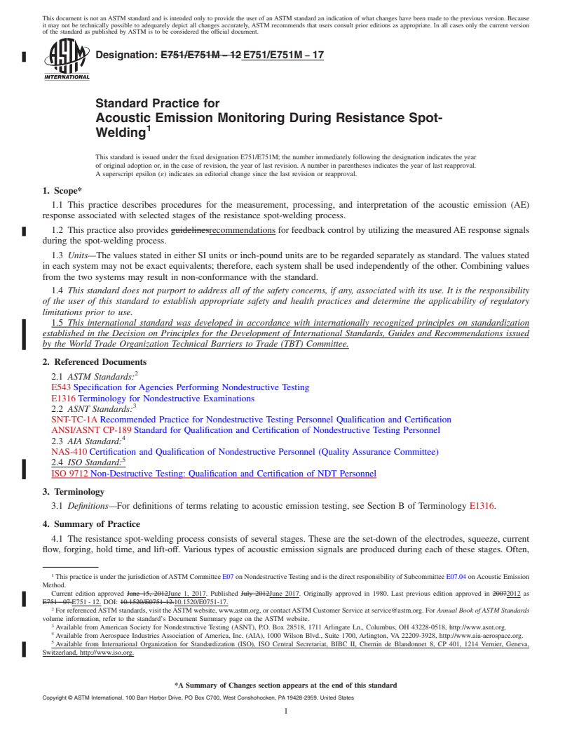 REDLINE ASTM E751/E751M-17 - Standard Practice for  Acoustic Emission Monitoring During Resistance Spot-Welding
