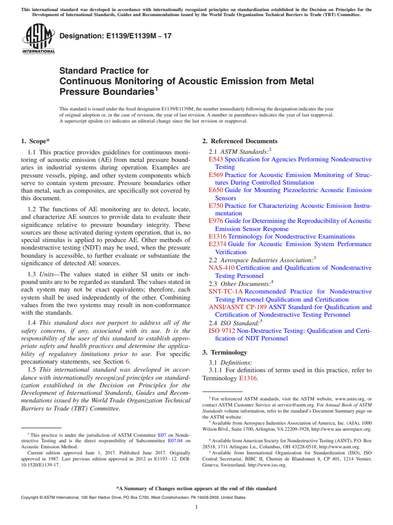 ASTM E1139/E1139M-17 - Standard Practice for  Continuous Monitoring of Acoustic Emission from Metal Pressure  Boundaries
