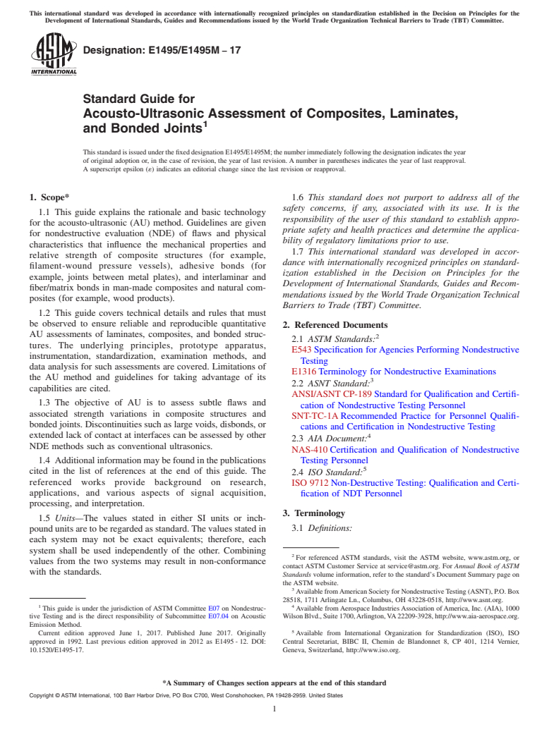 ASTM E1495/E1495M-17 - Standard Guide for  Acousto-Ultrasonic Assessment of Composites, Laminates, and  Bonded Joints