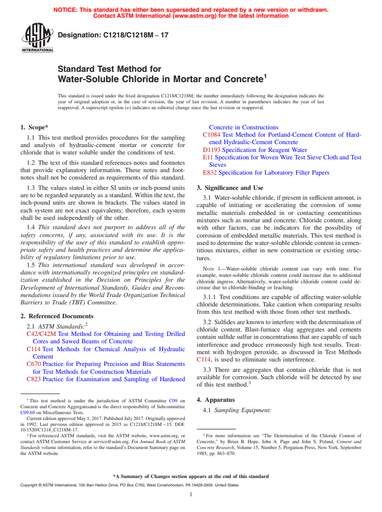 ASTM C1218/C1218M-17 - Standard Test Method for  Water-Soluble Chloride in Mortar and Concrete