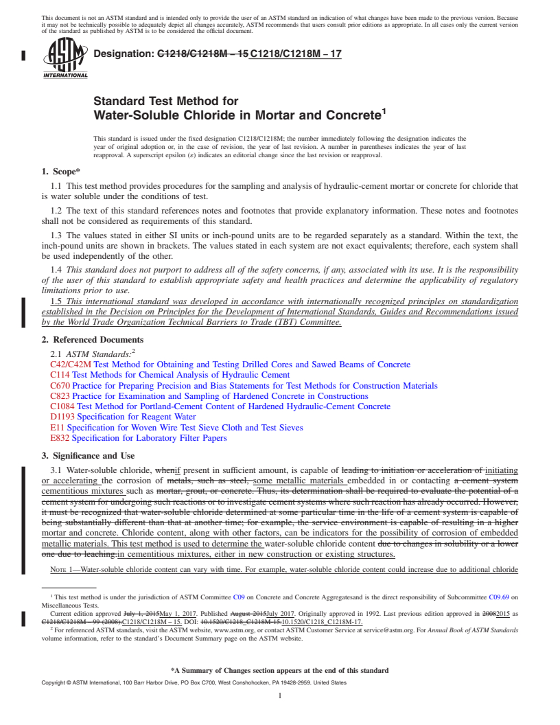 REDLINE ASTM C1218/C1218M-17 - Standard Test Method for  Water-Soluble Chloride in Mortar and Concrete