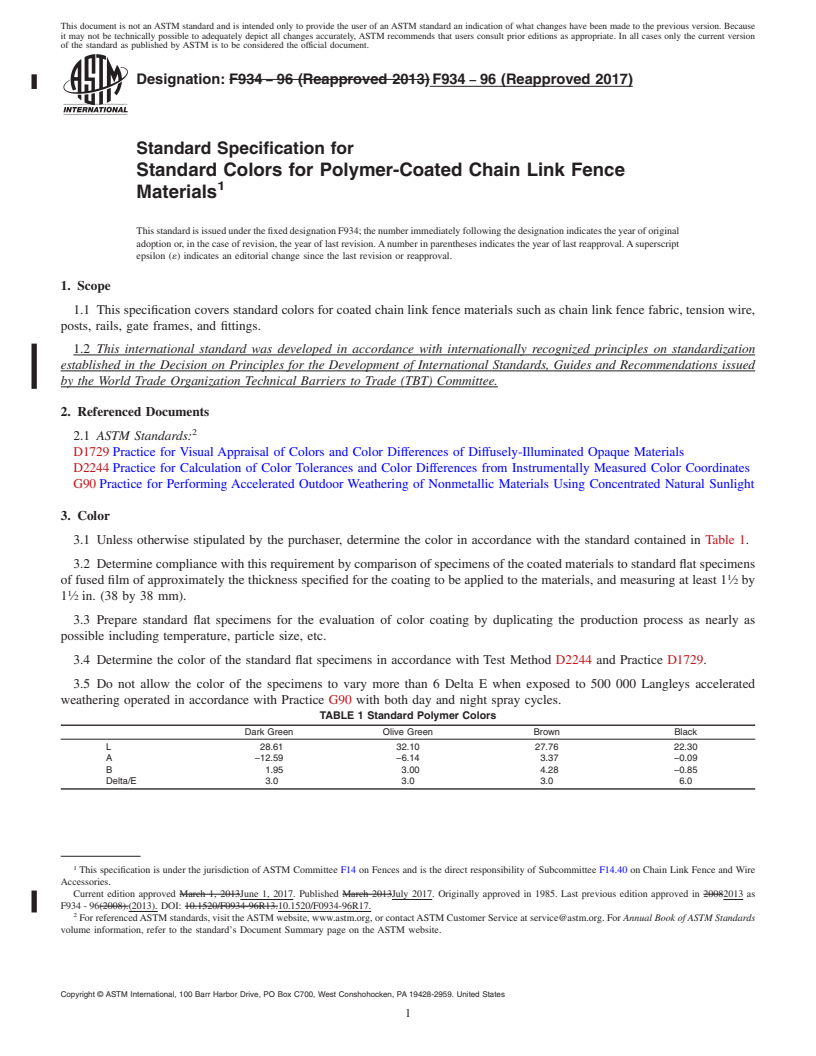 REDLINE ASTM F934-96(2017) - Standard Specification for  Standard Colors for Polymer-Coated Chain Link Fence Materials