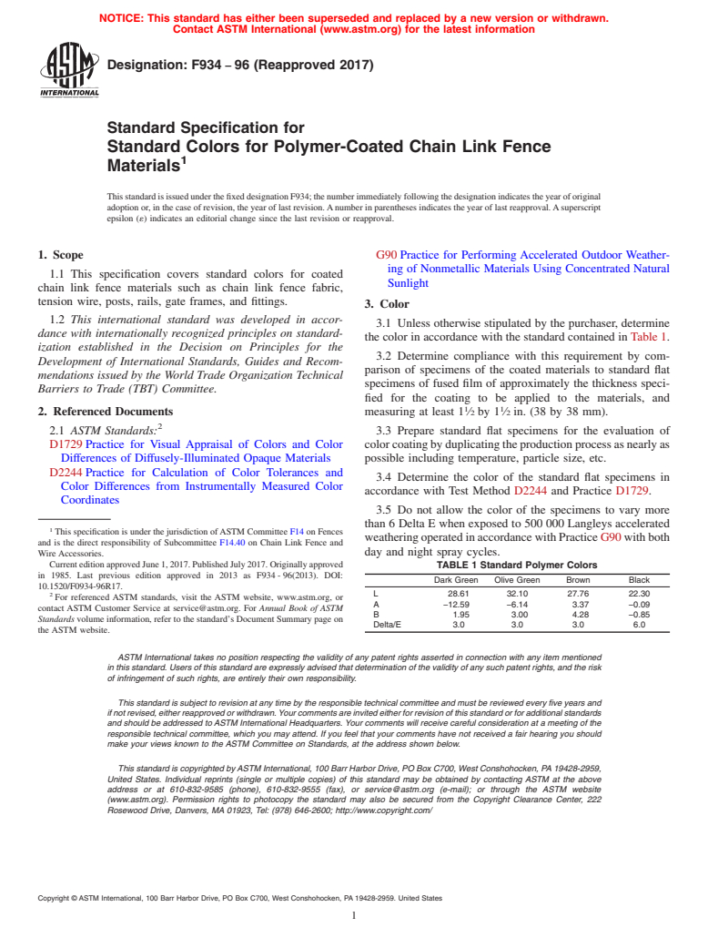 ASTM F934-96(2017) - Standard Specification for  Standard Colors for Polymer-Coated Chain Link Fence Materials